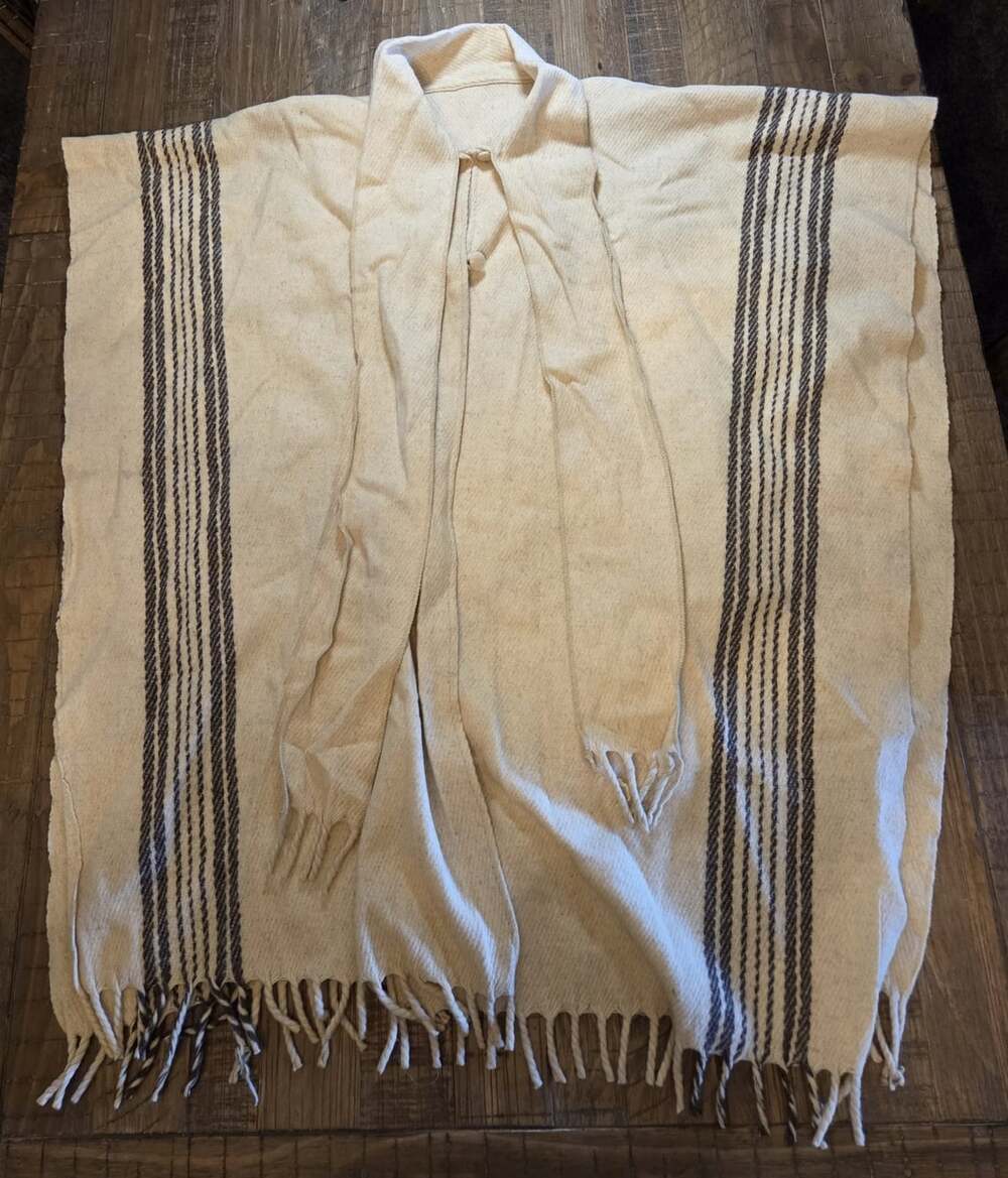 Vintage Mexican Wool Scarf Tie Serape Blanket Tribal Poncho Cape